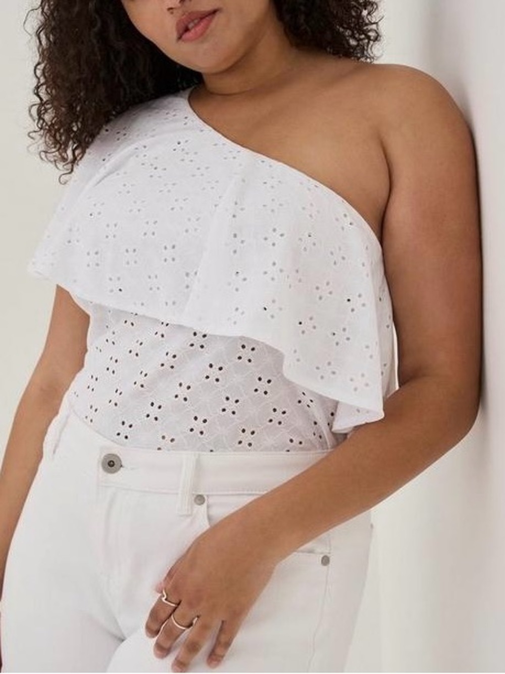 Torrid One Shoulder Eyelet Top White Ruffle Tiered Overlay Boho Romantic